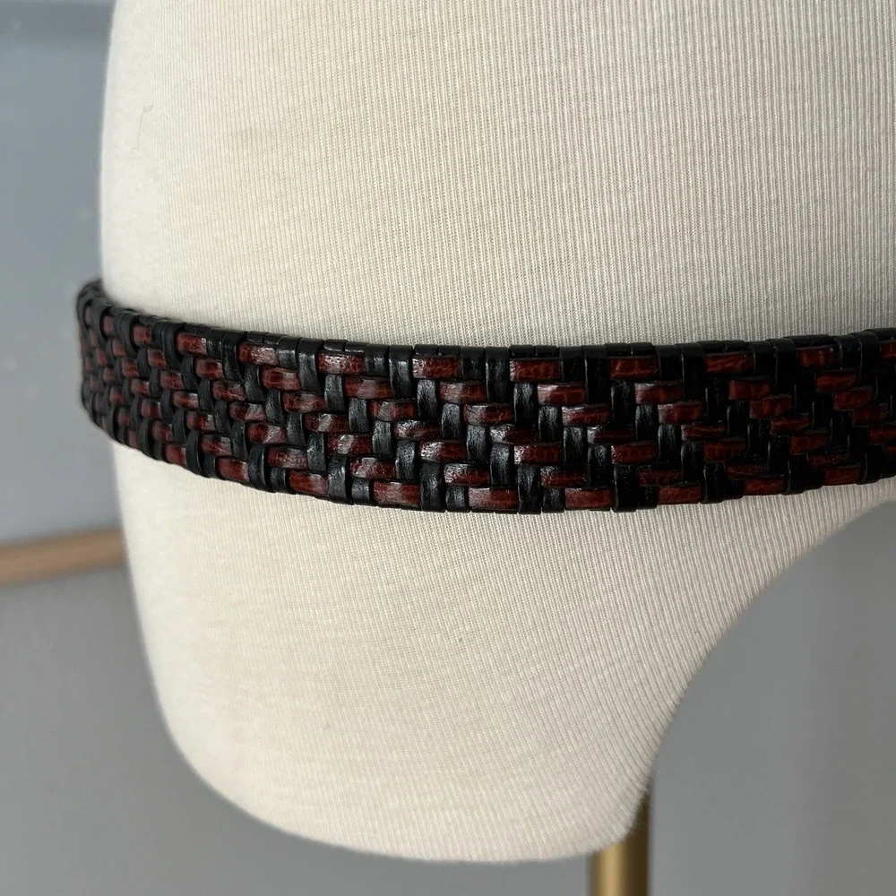 1980's Vintage Woven Leather Belt Black Brown Faux Snakeskin Sz 38 Boho Retro